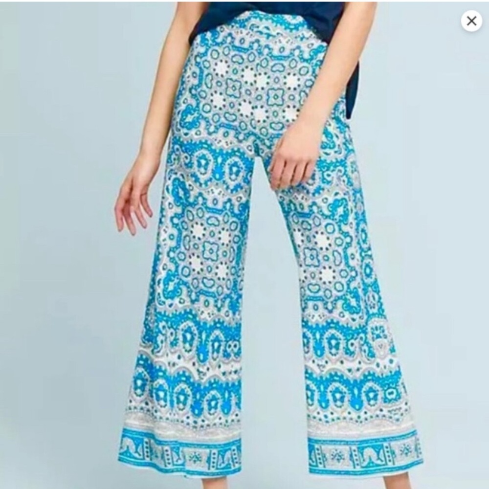 Anthropologie Feather Bone Women Size 2 Blue Paisley Linen Talese Wide Leg Pants